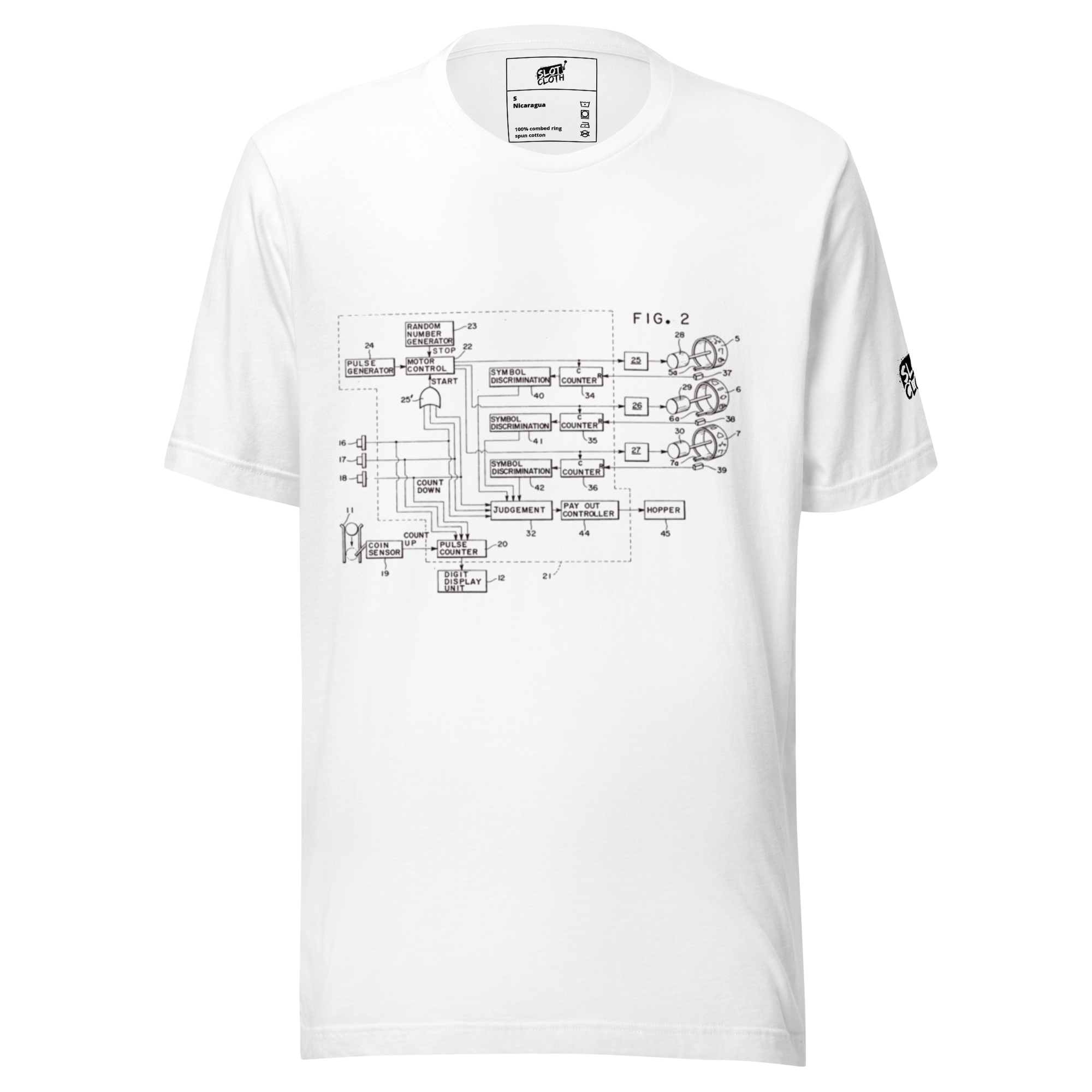 White t-shirt with vintage slot machine circuit diagram print, quirky gaming apparel for players