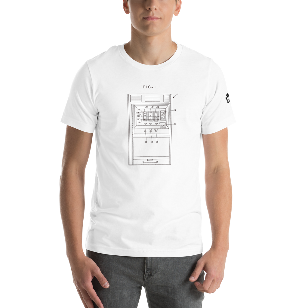 White t-shirt with slot machine patent diagram design, quirky casino-themed apparel for players