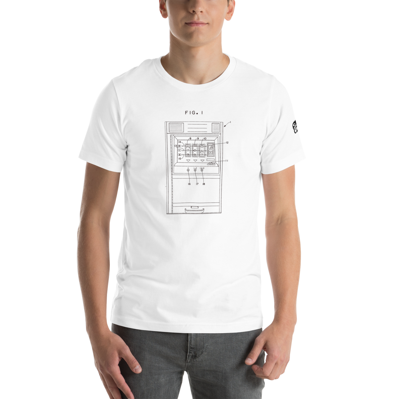 White t-shirt with slot machine patent diagram design, quirky casino-themed apparel for players