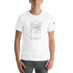 White t-shirt with slot machine patent diagram design, quirky casino-themed apparel for players