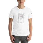 White t-shirt with slot machine patent diagram design, quirky casino-themed apparel for players