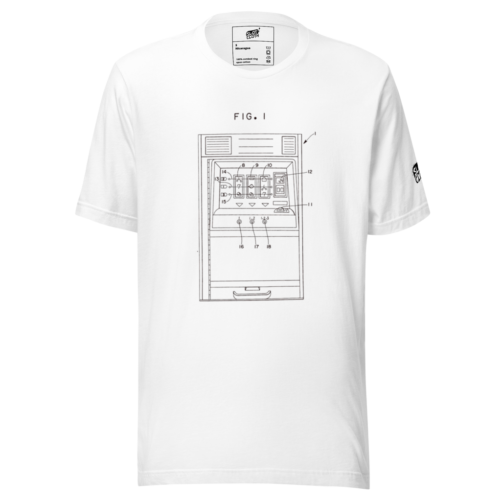 White t-shirt featuring a technical diagram of a slot machine labeled FIG. 1, ideal for gaming enthusiasts.