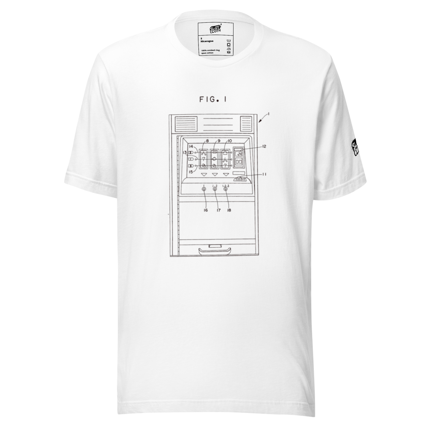 White t-shirt featuring a technical diagram of a slot machine labeled FIG. 1, ideal for gaming enthusiasts.