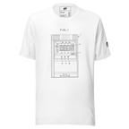 White t-shirt featuring a technical diagram of a slot machine labeled FIG. 1, ideal for gaming enthusiasts.