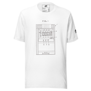 White t-shirt featuring a technical diagram of a slot machine labeled FIG. 1, ideal for gaming enthusiasts.
