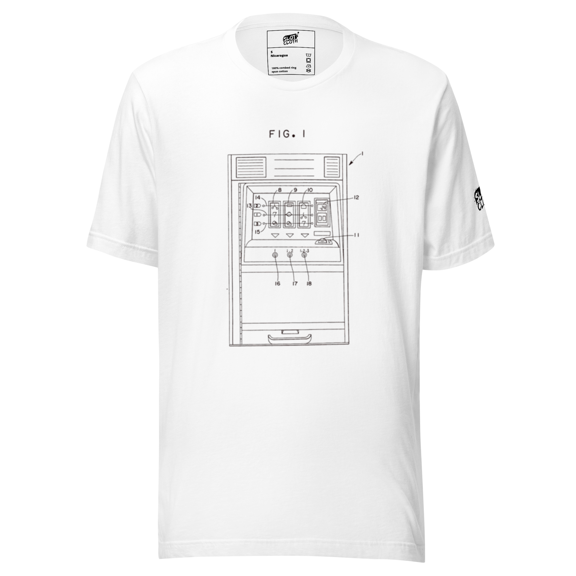 White t-shirt featuring a technical diagram of a slot machine labeled FIG. 1, ideal for gaming enthusiasts.