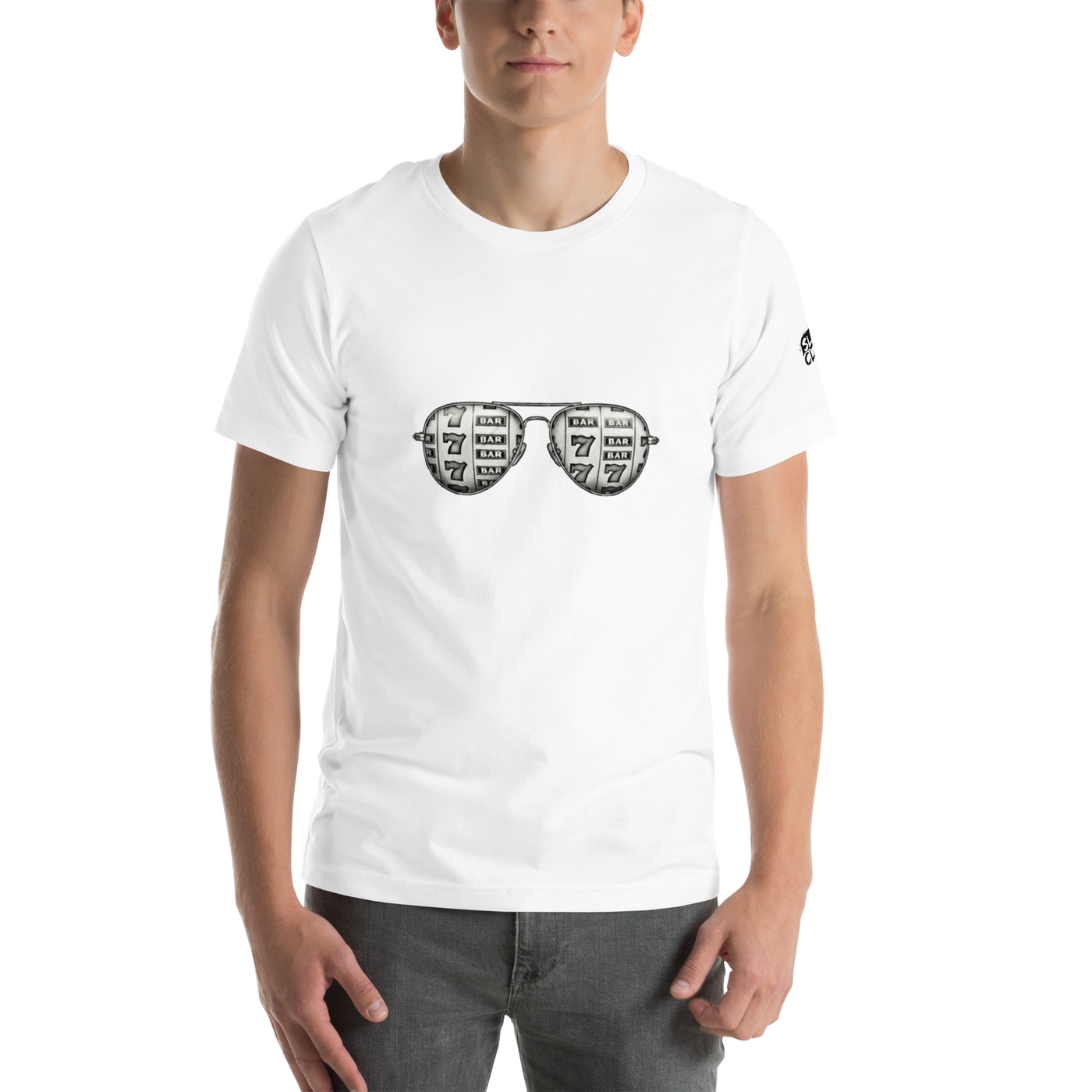 White t-shirt with slot machine-themed sunglasses design for players and pros