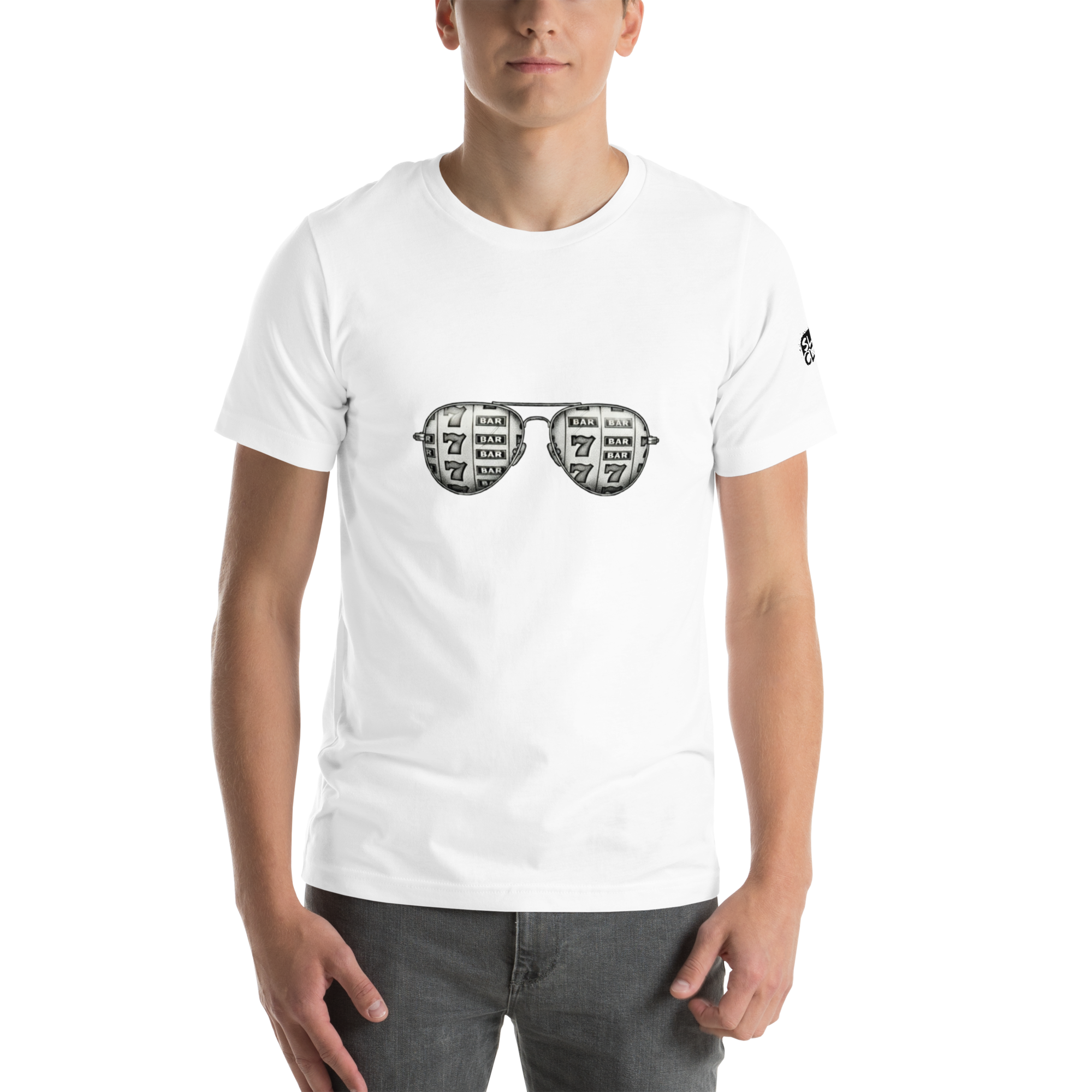 White t-shirt with slot machine-themed sunglasses design for players and pros