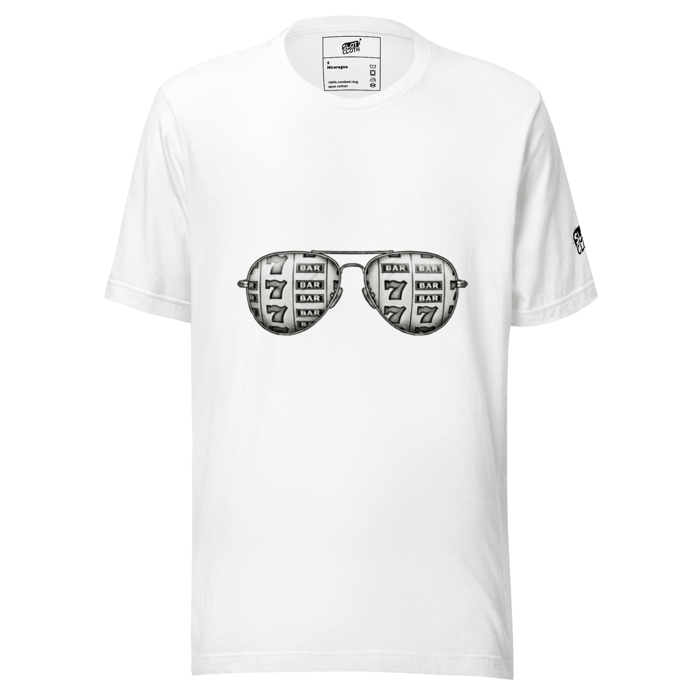 White t-shirt with slot machine sunglasses graphic, featuring 7s and BAR symbols for casino-themed fashion.