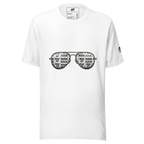 White t-shirt with slot machine sunglasses graphic, featuring 7s and BAR symbols for casino-themed fashion.