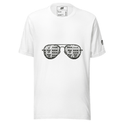 White t-shirt with slot machine sunglasses graphic, featuring 7s and BAR symbols for casino-themed fashion.