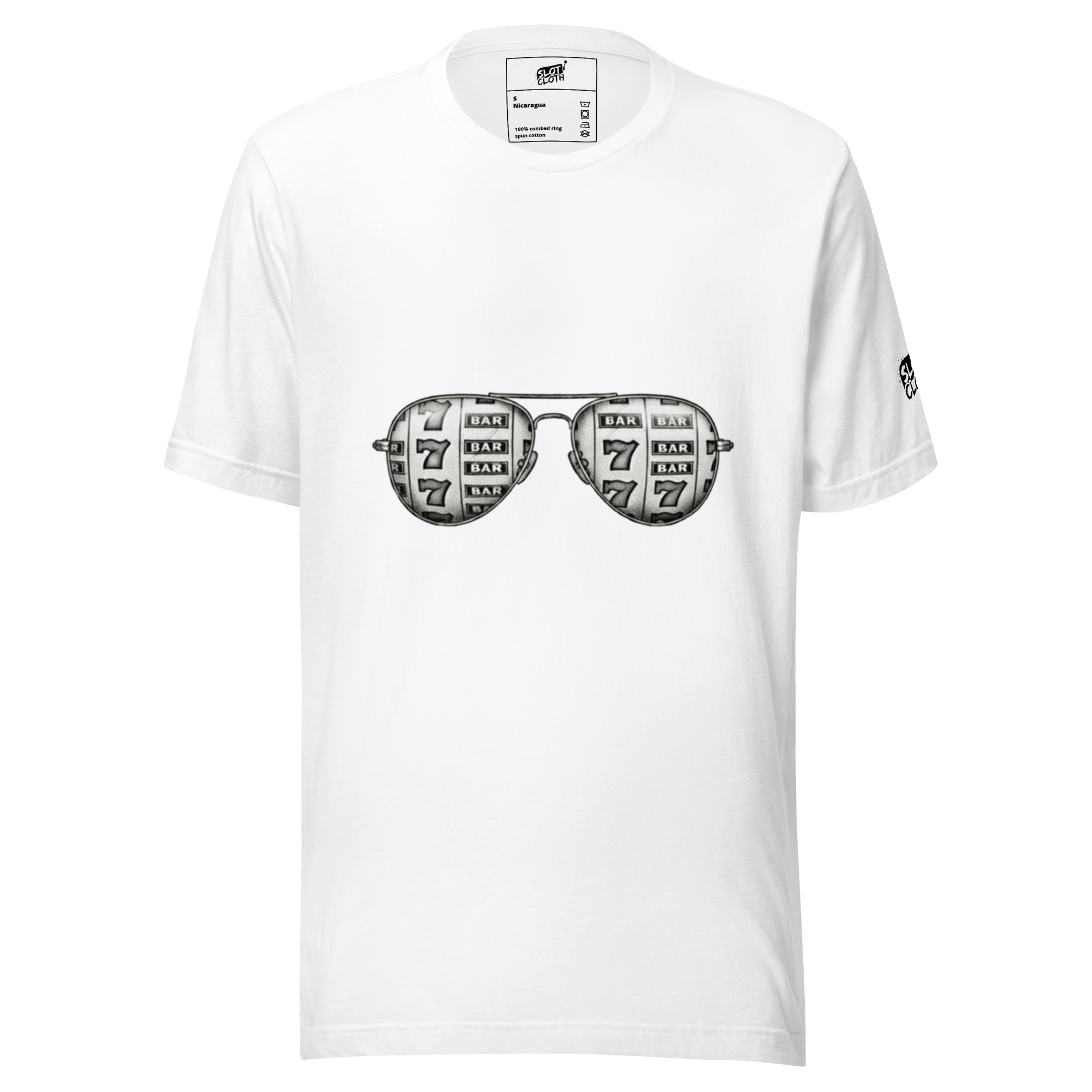 White t-shirt with slot machine sunglasses graphic, featuring 7s and BAR symbols for casino-themed fashion.