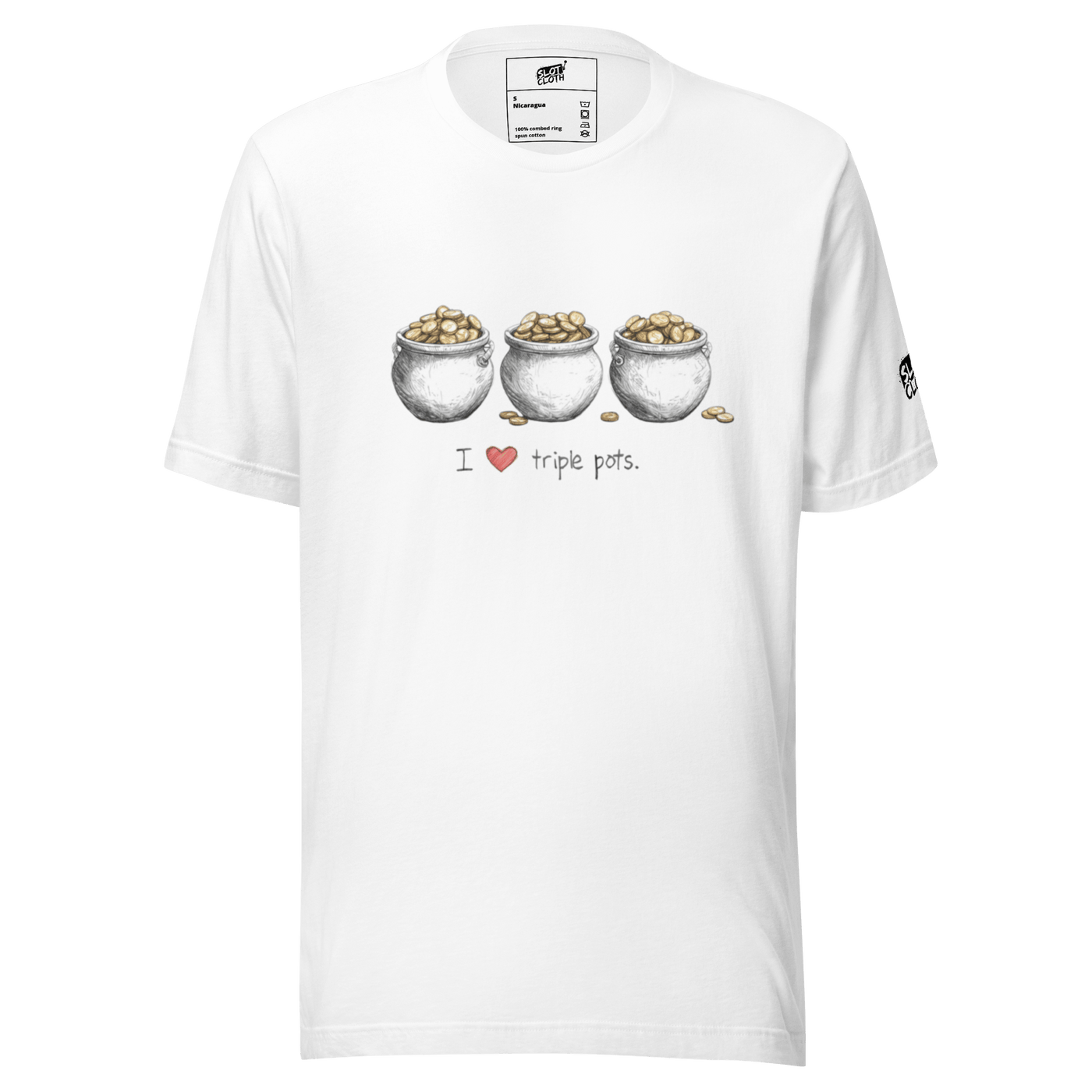 White t-shirt with 'I ❤️ triple pots' graphic, featuring three pots of gold coins, slot-themed apparel