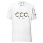 White t-shirt with 'I ❤️ triple pots' graphic, featuring three pots of gold coins, slot-themed apparel