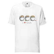 White t-shirt with 'I ❤️ triple pots' graphic, featuring three pots of gold coins, slot-themed apparel