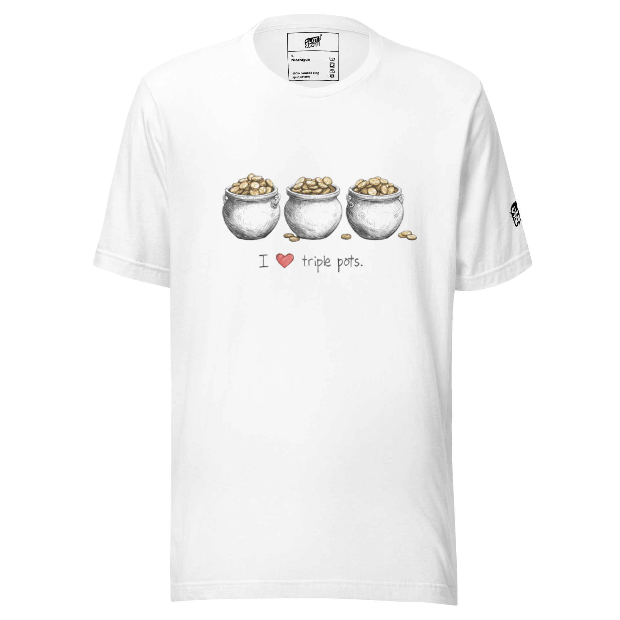 White t-shirt with 'I ❤️ triple pots' graphic, featuring three pots of gold coins, slot-themed apparel