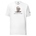 White t-shirt with quirky slot machine graphic and 'Can You Fix It To Win?' text, perfect for casino fans.