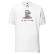 White t-shirt with quirky slot machine graphic and 'Can You Fix It To Win?' text, perfect for casino fans.