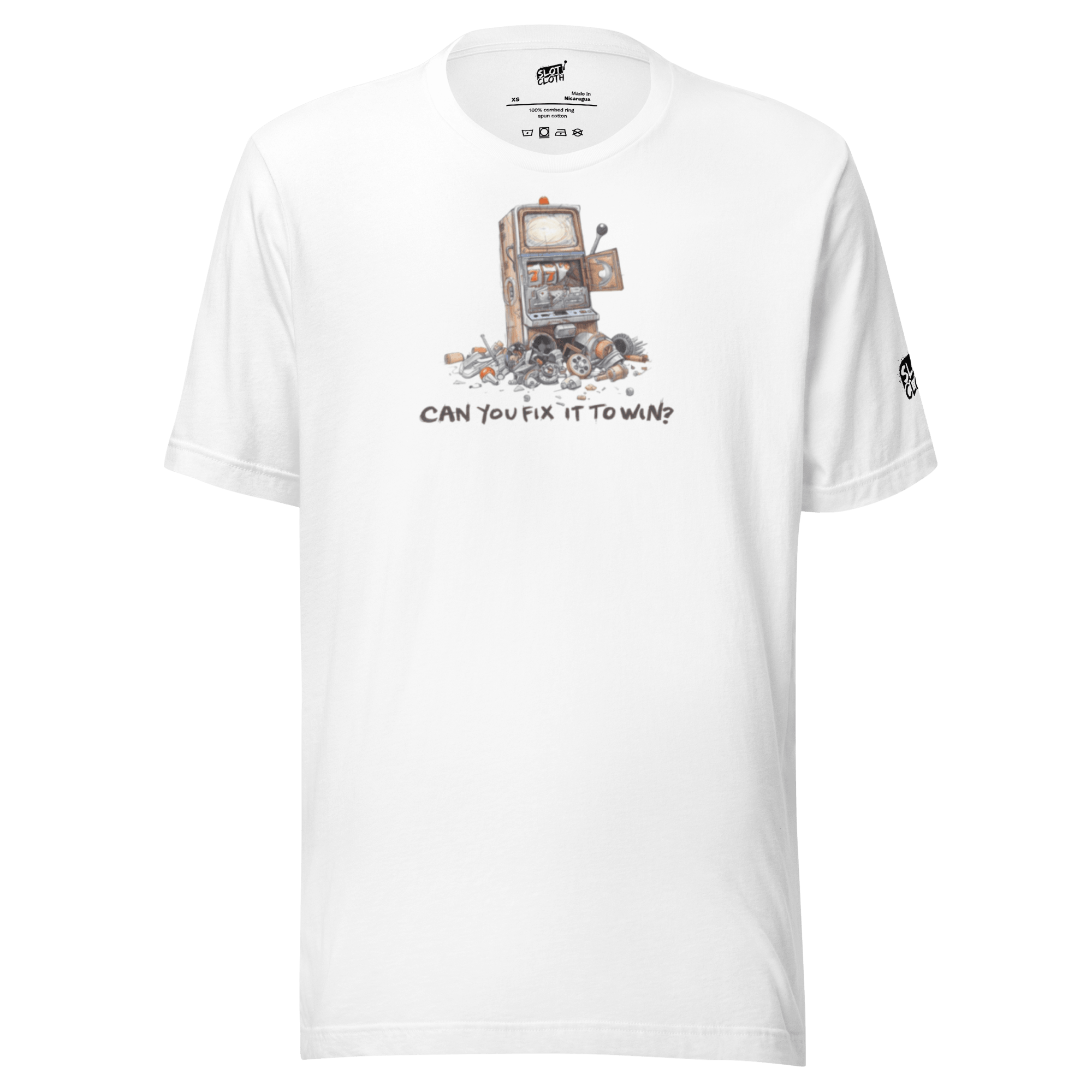 White t-shirt with quirky slot machine graphic and 'Can You Fix It To Win?' text, perfect for casino fans.