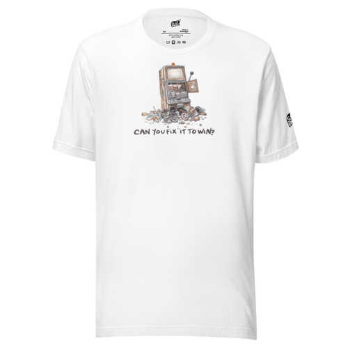 White t-shirt with quirky slot machine graphic and 'Can You Fix It To Win?' text, perfect for casino fans.
