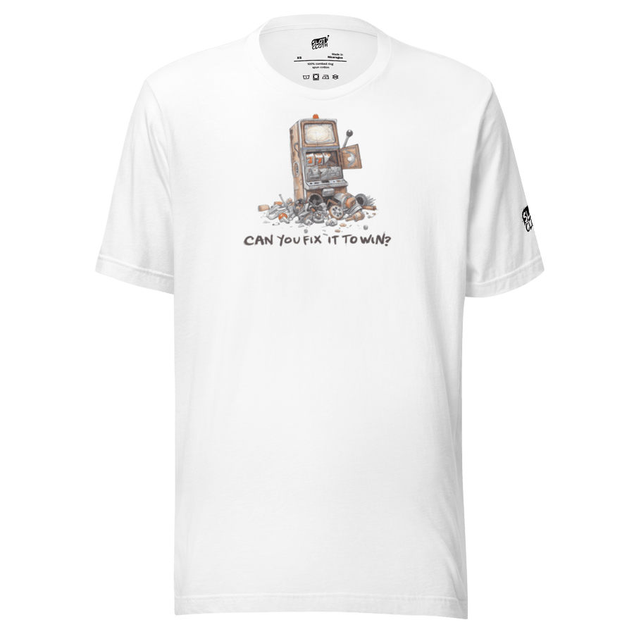 White t-shirt with quirky slot machine graphic and 'Can You Fix It To Win?' text, perfect for casino fans.