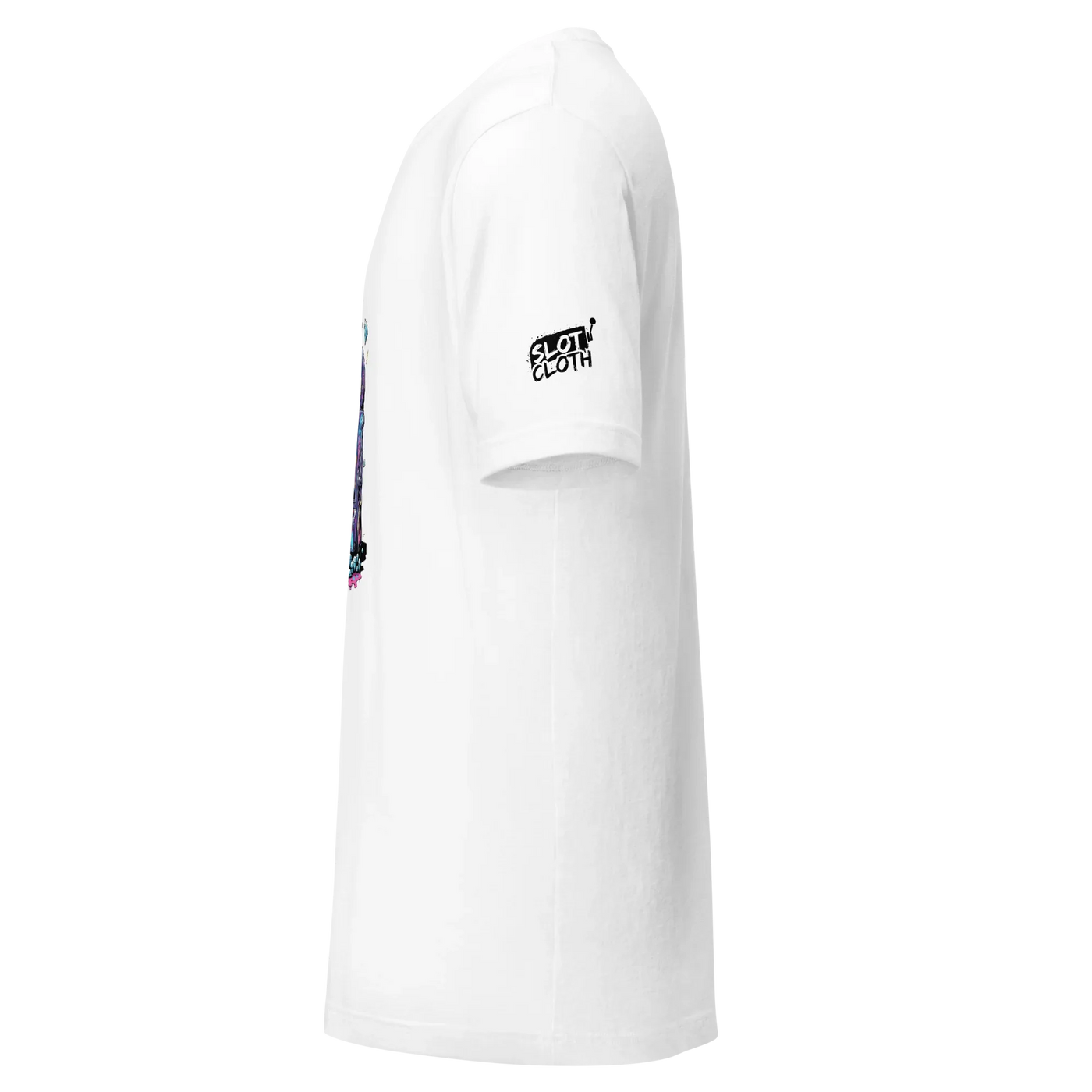 White t-shirt with colorful slot-themed graphic and 'Slot Cloth' logo on sleeve