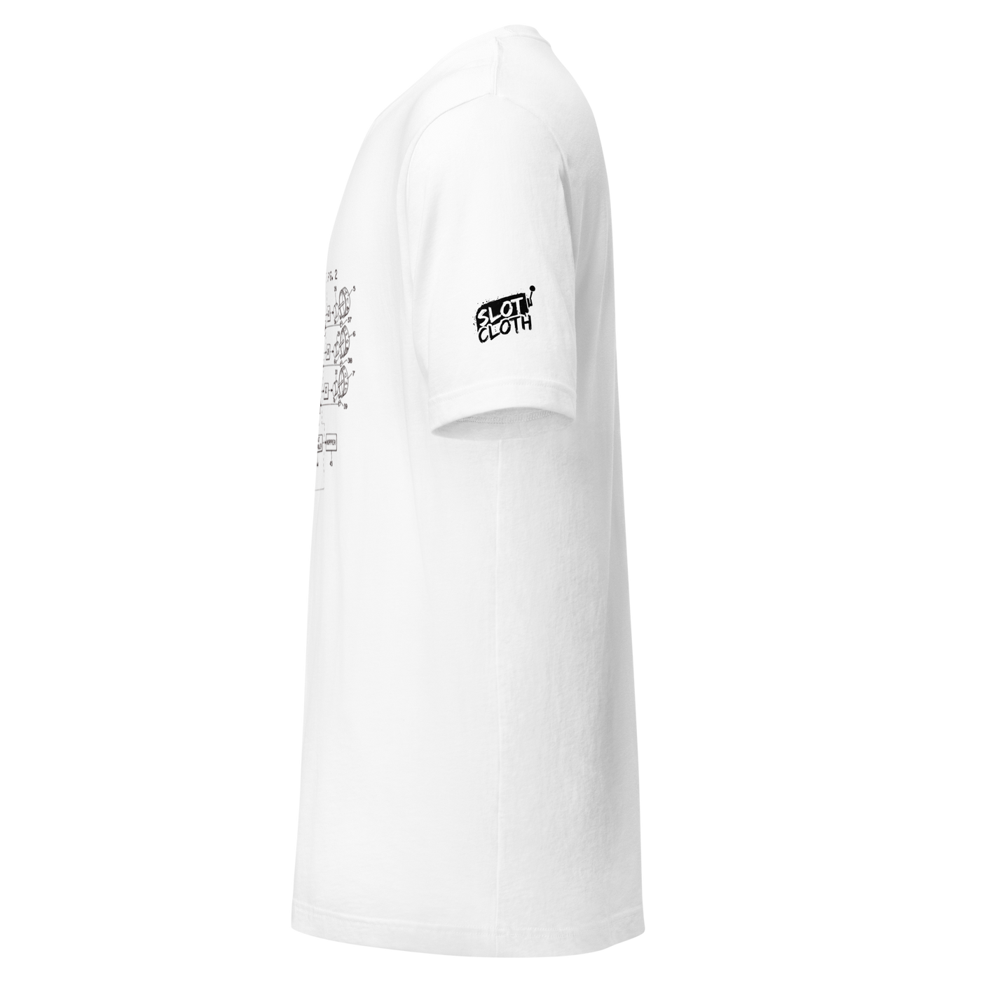 White Slot Cloth t-shirt with blueprint graphic and sleeve logo, quirky gaming apparel for players