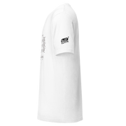 White Slot Cloth t-shirt with blueprint graphic and sleeve logo, quirky gaming apparel for players