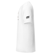White slot-themed t-shirt with 'Slot Cloth' logo on sleeve, featuring quirky casino-inspired design for players.