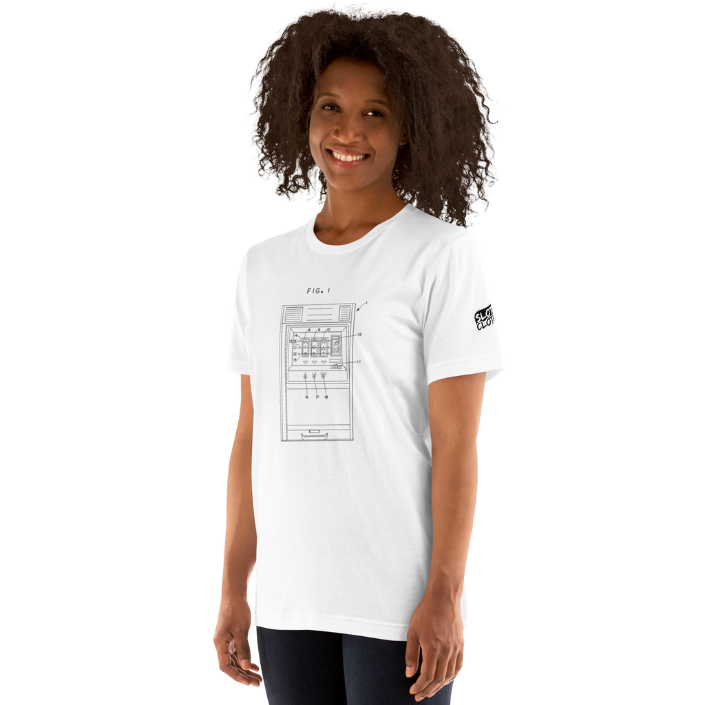 Woman wearing white t-shirt with slot machine patent diagram design, quirky gaming apparel for players