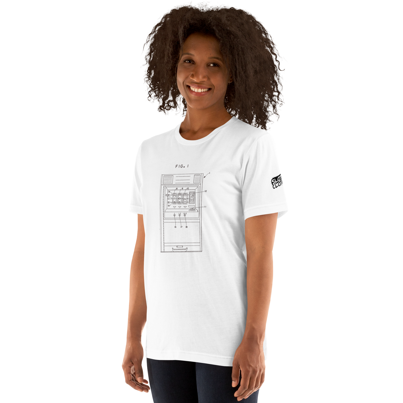 Woman wearing white t-shirt with slot machine patent diagram design, quirky gaming apparel for players