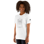 Woman wearing white t-shirt with slot machine patent diagram design, quirky gaming apparel for players