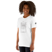 Woman wearing white t-shirt with slot machine patent diagram design, quirky gaming apparel for players