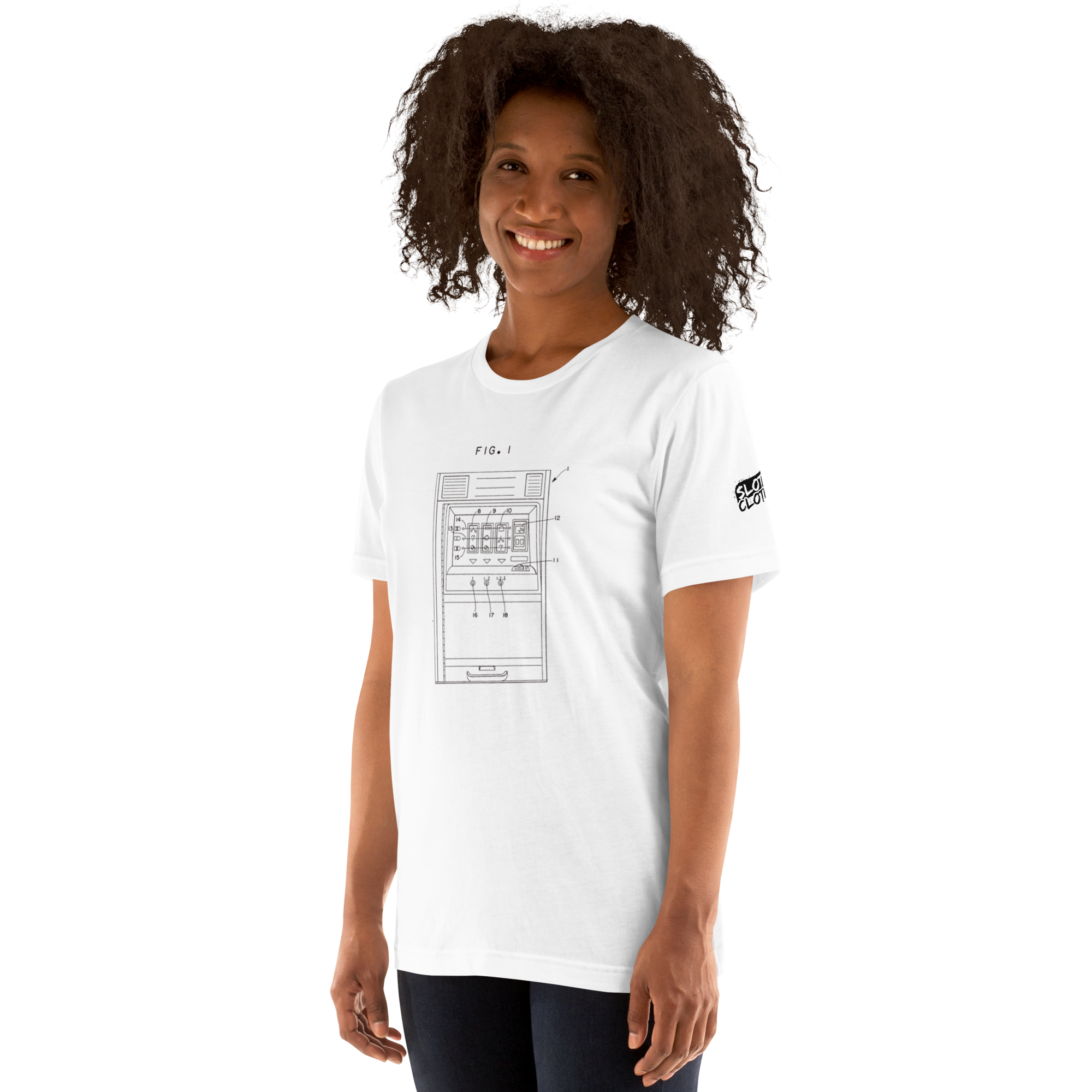 Woman wearing white t-shirt with slot machine patent diagram design, quirky gaming apparel for players