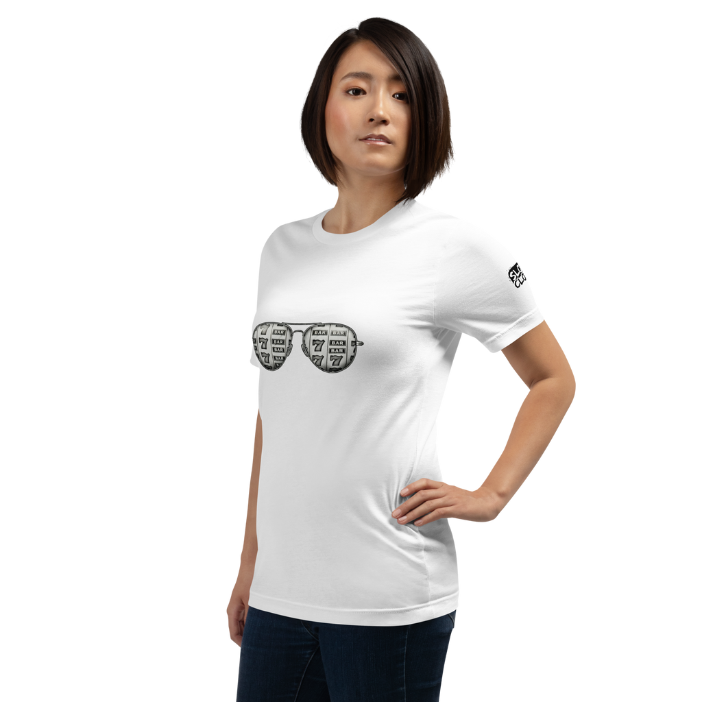 White t-shirt with slot machine sunglasses graphic, perfect for casino fans and gaming enthusiasts
