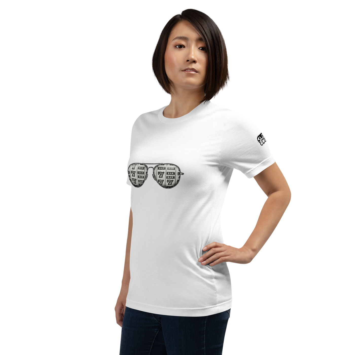 White t-shirt with slot machine sunglasses graphic, perfect for casino fans and gaming enthusiasts