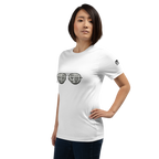 White t-shirt with slot machine sunglasses graphic, perfect for casino fans and gaming enthusiasts