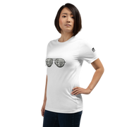 White t-shirt with slot machine sunglasses graphic, perfect for casino fans and gaming enthusiasts