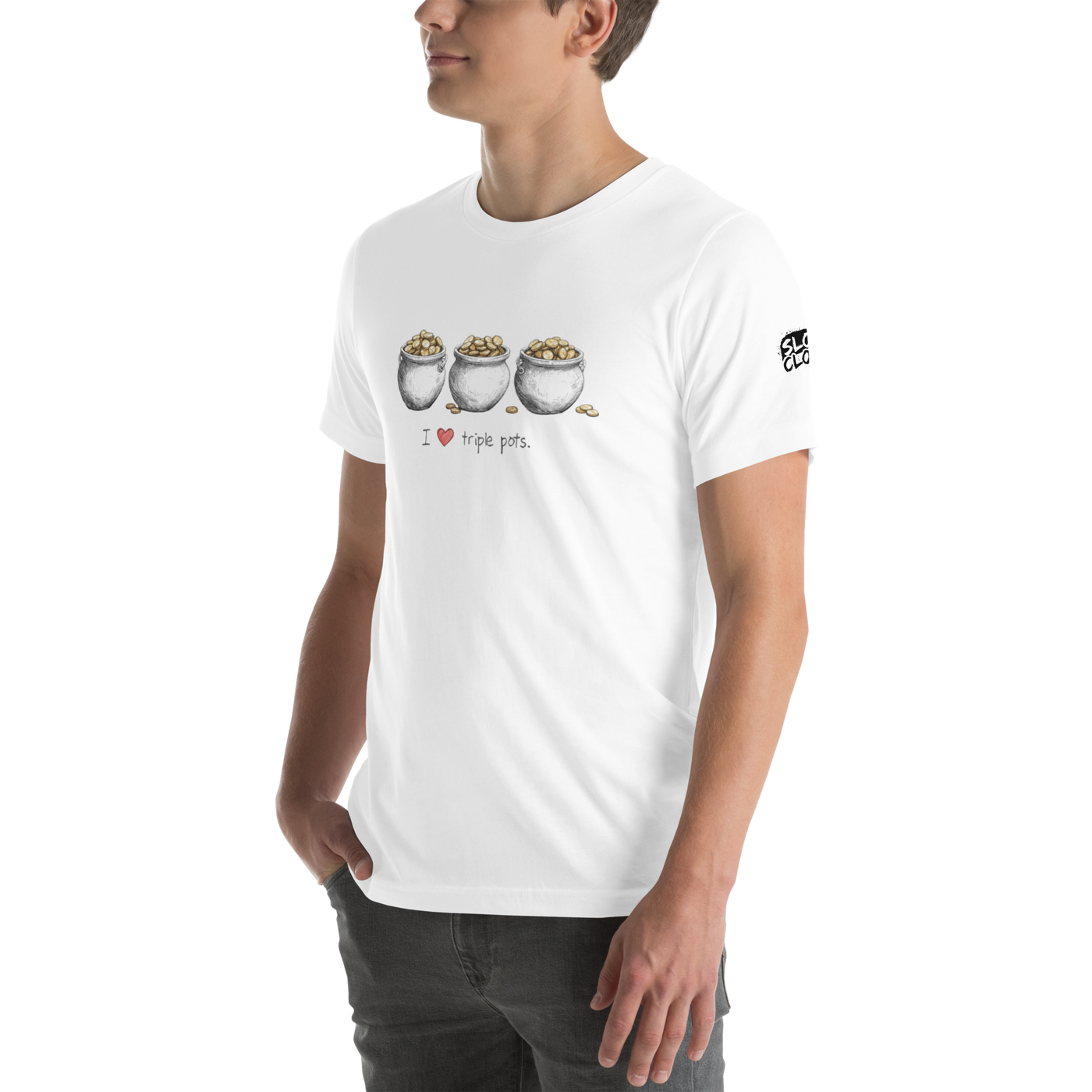 Man wearing white slot-themed t-shirt with 'I ❤️ triple pots' graphic and gold coins design