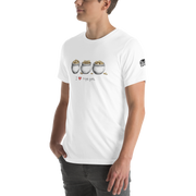 Man wearing white slot-themed t-shirt with 'I ❤️ triple pots' graphic and gold coins design