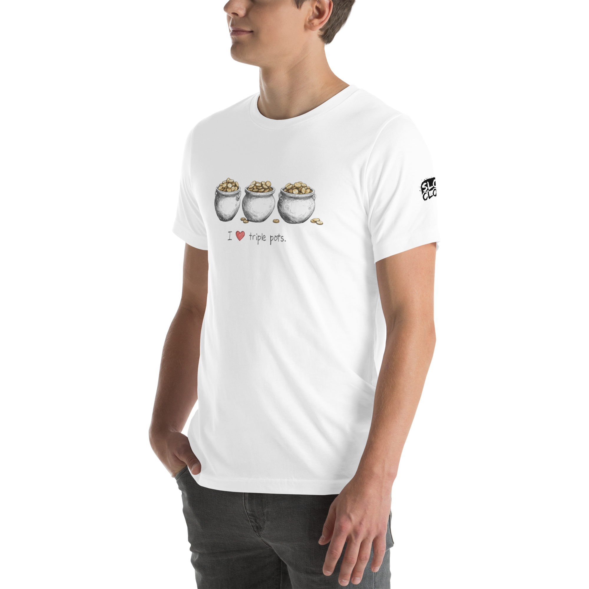 Man wearing white slot-themed t-shirt with 'I ❤️ triple pots' graphic and gold coins design