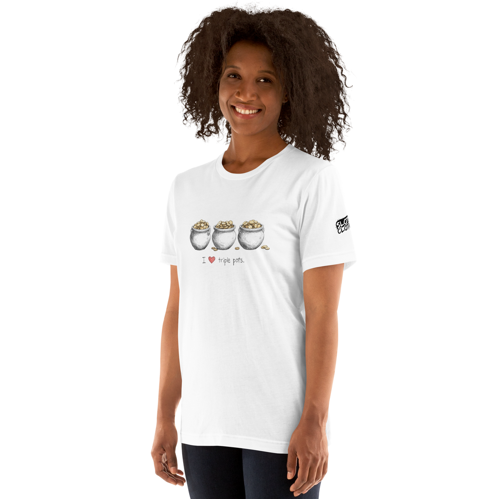 Woman wearing white t-shirt with 'I ❤️ triple pots' and three coin pots design, slot-themed apparel