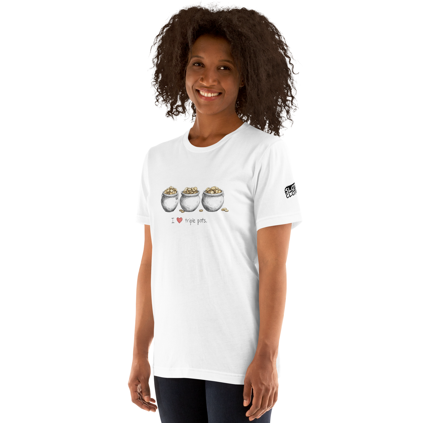 Woman wearing white t-shirt with 'I ❤️ triple pots' and three coin pots design, slot-themed apparel
