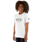 Woman wearing white t-shirt with 'I ❤️ triple pots' and three coin pots design, slot-themed apparel