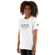 Woman wearing white t-shirt with 'I ❤️ triple pots' and three coin pots design, slot-themed apparel