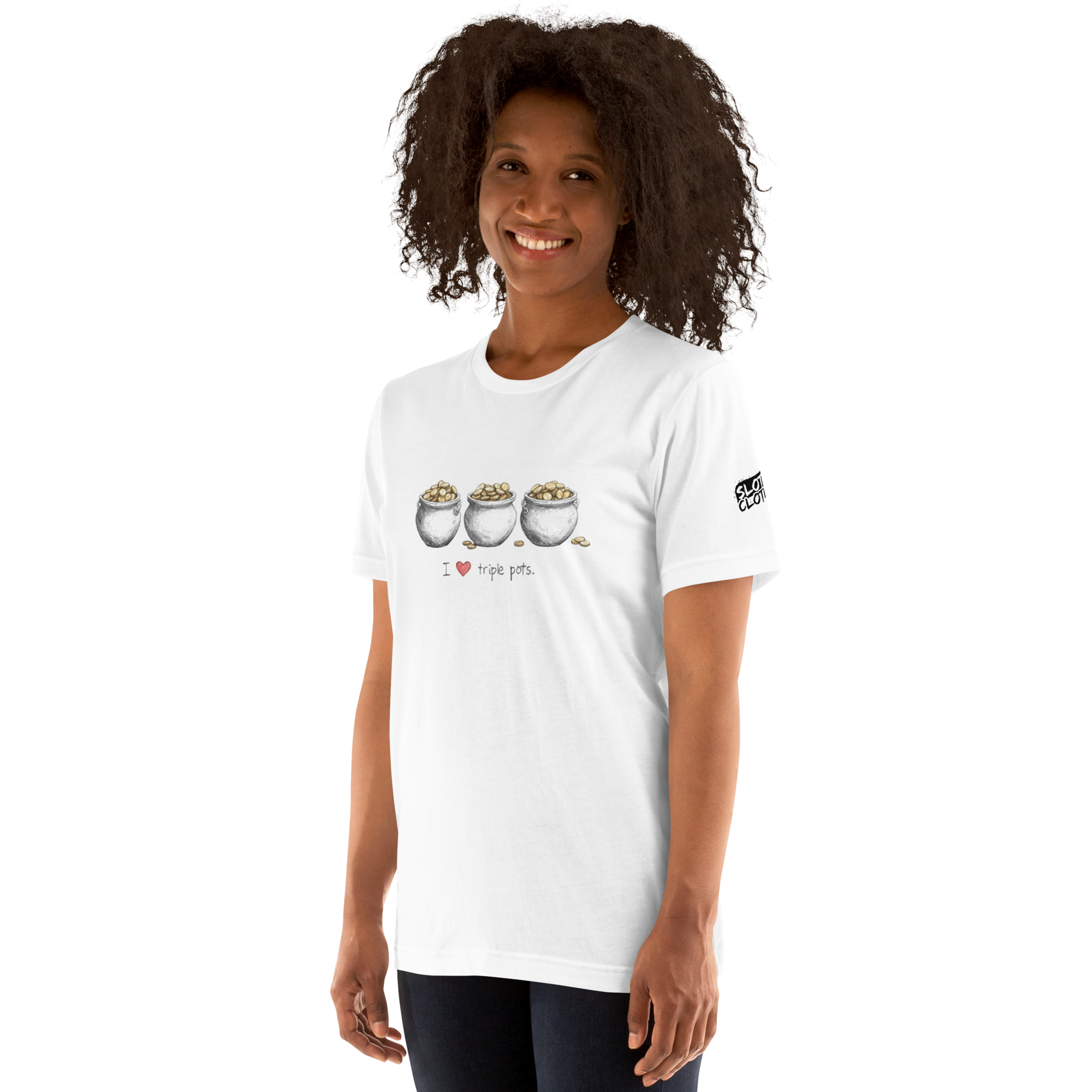 Woman wearing white t-shirt with 'I ❤️ triple pots' and three coin pots design, slot-themed apparel