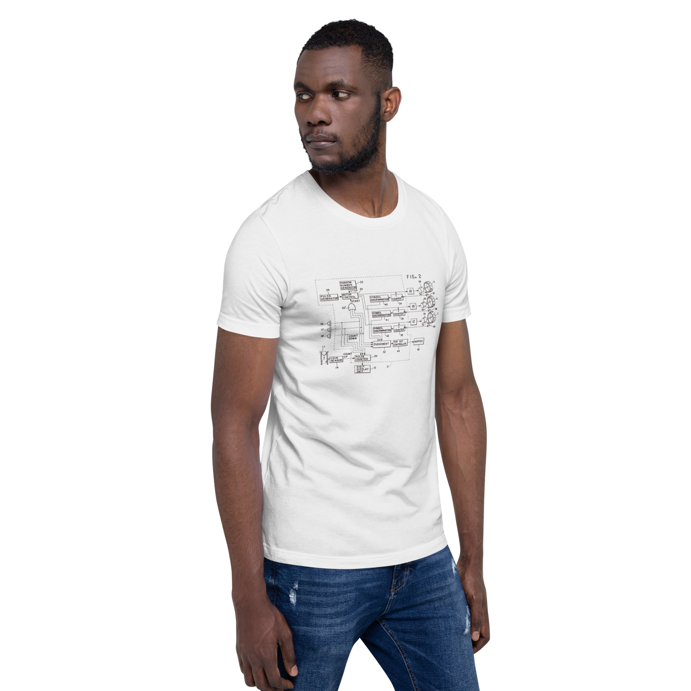 Man wearing white t-shirt with slot machine schematic design, quirky gaming apparel for players