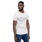 Man wearing white t-shirt with slot machine schematic design, quirky gaming apparel for players
