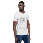 Man wearing white t-shirt with slot machine schematic design, quirky gaming apparel for players