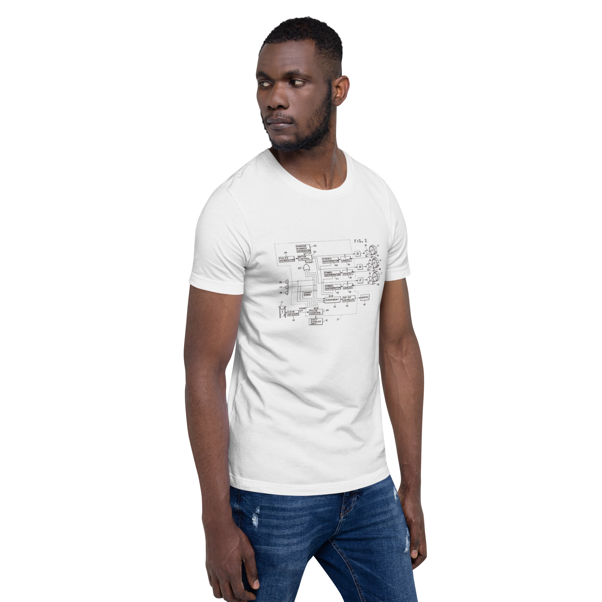 Man wearing white t-shirt with slot machine schematic design, quirky gaming apparel for players